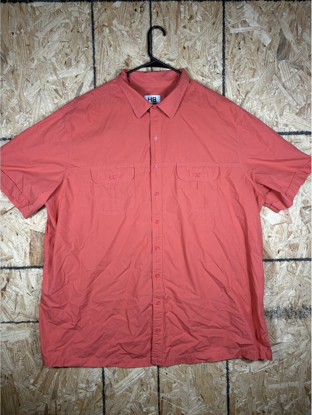 HB Men’s Button Up Shirt 3XLT Coral Red Short Sleeve Pockets Cotton Blend Casual